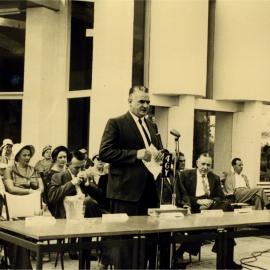 Mr Wilson, Mr David Low MLA, Mr O'Leary, Mr Noel Burke, Cr Stanley Adams (Chairman, Noosa Shire Council), Mr Webb (l-r),  official opening, Peregian Roadhouse, Peregian Beach, 2 June 1962