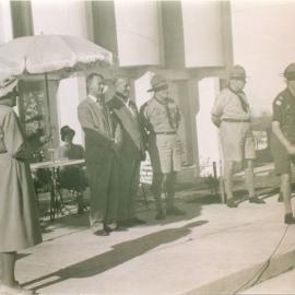 Dignitaries, guests and Cr Stanley Adams (Chairman, Noosa Shire Council far right), official opening, Peregian Roadhouse, Peregian Beach, 2 June 1962