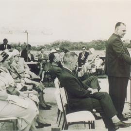 David Low, MLA (at microphone) and dignitaries, official opening, Peregian Roadhouse, Peregian Beach, 2 June 1962