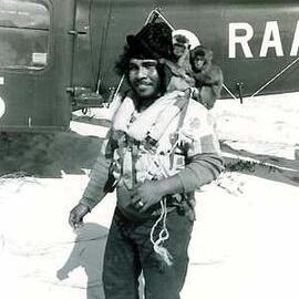 Crew member and monkeys, Cherry Venture, Teewah Beach, Noosa North Shore, 1973