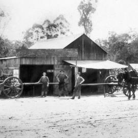 Customers and staff outside P.H. Elder's Blacksmith store, 9 Diamond Street, Cooroy, ca 1909