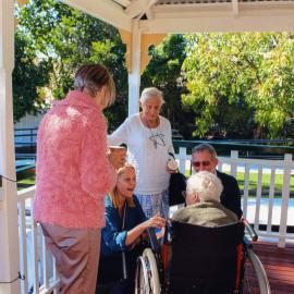 Petrinella Duke, Sandy Bolton MP, June Colley, John Duke (l-r) with Esme Tait (back to image), Official opening Tait-Duke Cottage, Earl Street, Tewantin, 7 June 2017