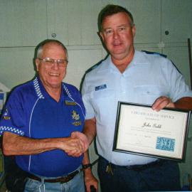 Recognition certificate presentation, John Gabb and Sergeant Mal Scott (l-r), Cooroy