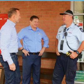 Sergeant Mal Scott, Llew O'Brien (LNP Candidate) and former Prime Minister Tony Abbott, Cooroy, June 2016