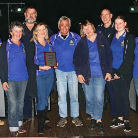 Sergeant Mal Scott (3rd left), unknown police officer (3rd right) and Blue Light Disco volunteers, Cooroy Memorial Hall, Cooroy, ca 2020