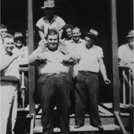 Darby Schreiber, Jack Clifford, George Fredericksen, 'Tiny' O'Connor with Vic Spinaze on his shoulders, George Spinaze (l-r), Pomona