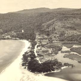 Aerial view, Noosa River mouth, Main Beach and Hastings Street, Noosa Heads, ca 1950