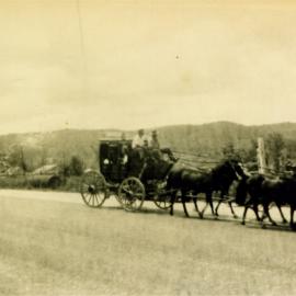 Cobb & Co Coach, Parade participant, Queensland Centenary celebrations, King Street, Cooran, 1959