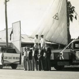 Club members and Float, Lake Cootharaba Sailing Club, Queen Elizabeth II Coronation Day Parade celebrations, 2 June 1953