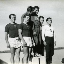 Olympic Games medal presentation, Men's C-2 1000m, Lake Wendouree, Ballarat, ca December 1956