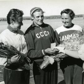 Olympic Games medal presentation, Women's canoeing K-1 500m, Lake Wendouree, Ballarat, ca December 1956