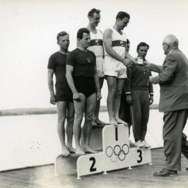 Olympic Games, medal presentation, Men's K-2 1000m, Lake Wendouree, Ballarat, ca December 1956