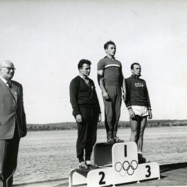 Olympic Games medal presentation, Men's C-1 1000m, Lake Wendouree, Ballarat, ca December 1956 