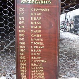 Honour Board, Ladies Secretaries, Peregian Beach Bowls Club, 1970-1989