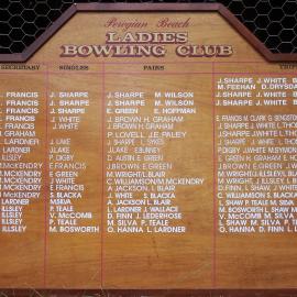 Honour Board, Ladies Bowling Club, President, Secretary, Singles, Pairs and Triples,, Peregian Beach Bowls Club, 1988-2008
