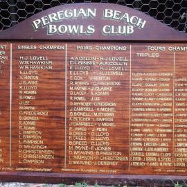 Honour Board, President, Singles Champion, Pairs Champions and Fours Champions,  Peregian Beach Bowls Club, 1967-1992