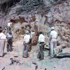 Coloured Sands inspection, Minister for Public Lands (possibly Hon. Alan Fletcher), Noosa Councillors, Teewah Beach, Noosa North Shore, 1960