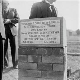 Laying Foundation Stone, Freemasons Lodge No. 355, 30 Moorindil Street, Tewantin,  5 September 1953