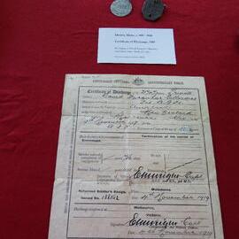Cerificate of Discharge exhibit, Noosa's War Front Exhibition, Noosaville Library, Noosaville, 20 November 2015