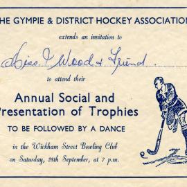 Annual Social & Presentation of Trophies Invitation, Gympie & District Hockey Association, ca 1960s