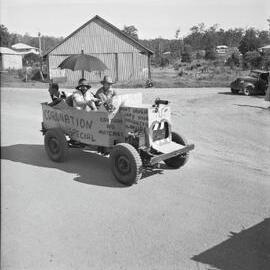 Decorated vehicle, Coronation Day parade, Pomona, 2 June 1953