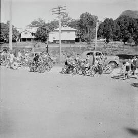 Decorated bikes, Coronation Day parade, Reserve Street, Pomona, 2 June 1953