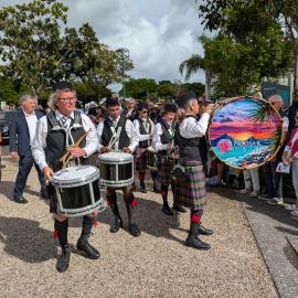 Band members, Noosa & District Pipe Band, ANZAC Day parade, Tewantin, 25 April 2026