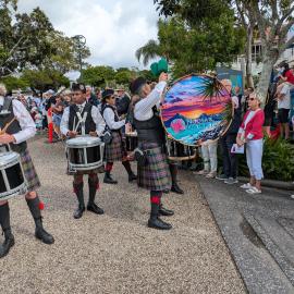 Band members, Noosa & District Pipe Band, ANZAC Day parade, Tewantin, 25 April 2026