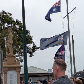 Cenotaph and flags, ANZAC Day service, Tewantin, 25 April 2026
