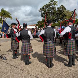 Band members, Noosa & District Pipe Band, ANZAC Day parade, Tewantin, 25 April 2026
