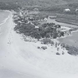 Aerial view, The Woods and Noosa Main Beach, Noosa Heads, ca 1960s