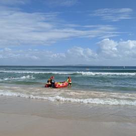 Competitors and Noosa Surf Lifesavers, Noosa Summer Swim Festival, Noosa Main Beach, Noosa Heads, 23 February 2025