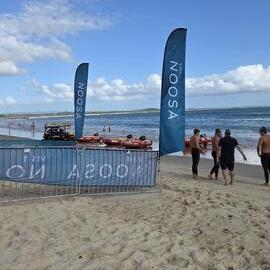 Competitors and Noosa Surf Lifesavers, Noosa Summer Swim Festival, Noosa Main Beach, Noosa Heads, 22 February 2026