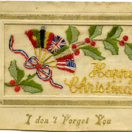 'Happy Christmas - I don't Forget You,' Embroided Postcard, Noosa's War Front Exhibition, Noosaville Library, Noosaville, 20 November 2015