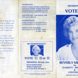 Beverly Menkens, How-to-Vote Card, local government election, Noosa Council, Tewantin, 19 March 1988
