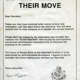 Noel Playford note to residences, local government election, Noosa Council, Tewantin, March 1991