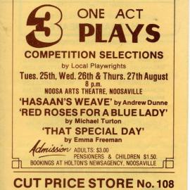 Program, '3 One Act Plays', Noosa Arts Theatre, Weyba Road, Noosaville, 25- 27 August 1981
