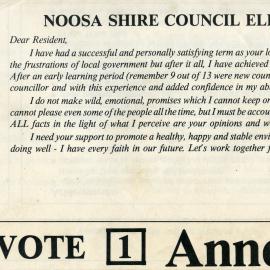 Anne Grant, How-to-Vote Card, local government election, Noosa Council, Tewantin, 19 March 1988