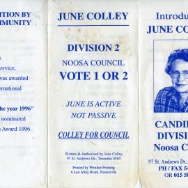 June Colley, How-to-Vote Card, local government election, Noosa Council, Tewantin, 15 March 1997