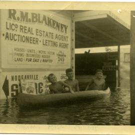 Martin, Peter and Phillip Blakeney (l-r), flooding, Gympie Terrace, Noosaville, January 1968