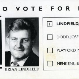 Brian Lindfield, How-to-Vote Card, local government election, Noosa Council, Tewantin, 23 March 1991