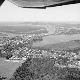 Aerial view, Tewantin and Noosa River, looking towards Noosa Heads, 1970s