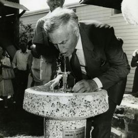 Joh Bjelke Petersen, Queensland Premier, opening Cooroy town drinking fountain, Cooroy, 1980s 
