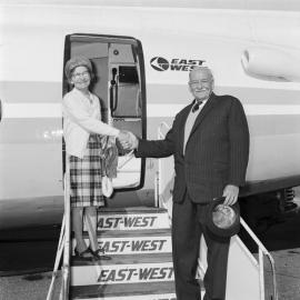 Donald Shand (Chairman and founder East-West Airlines) with Mrs Bower, Maroochydore Airport, Maroochydore, 11 August 1972