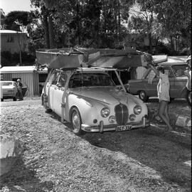 Catamaran on Jaguar car, Boreen Point, 1972 