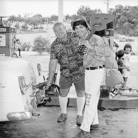 Ron Sadler with a Jolly Swagman, The Banksias Service Station and Caravan Park, cnr Noosa Drive and Sunshine Beach Road, Noosa Junction, 1972 