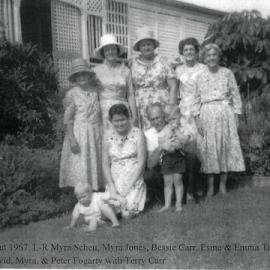 Myra Scheu, Myra Jones, Bessie Carr, Esme Tait, Emma Tait (left to right back row), David, Myra and Peter Fogarty and Terry Carr (left to right front row), Tewantin, ca 1967