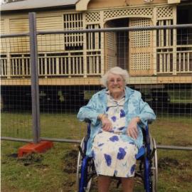 Esme Tait at Tait-Duke Community Cottage after relocation from Poinciana Avenue to Wallace Park, Tewantin, ca 2015