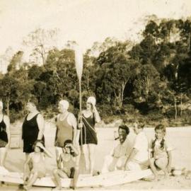 Dorothy Moss, her mother, Polly Greber, Olive Freeman with hand up to eyes (l-r),  Betty Freeman at extreme right.  Noosa River, Noosa Heads