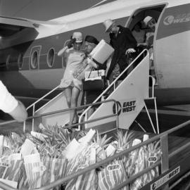 Disembarking first flight, East West Airlines, Maroochy Airport, 19 December 1970